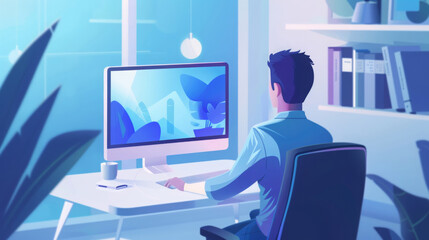 Poster - A man is seated at a desk in a well-lit room, engaged in work on a desktop computer.