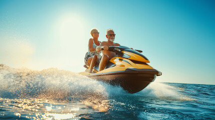 Two people enjoying a exhilarating ride on a jet ski over ocean waves, the sun reflecting off the water