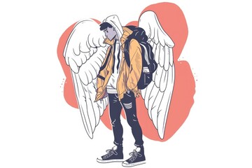 Poster - A man with wings on his back carrying a backpack, suitable for various concepts