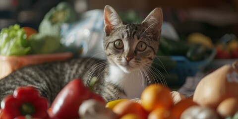 Wall Mural - Portrait of a cat with fruits and vegetables around him. Healthy food concept. Generative AI.