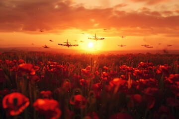 Poster - A scenic view of a field full of red flowers with airplanes flying in the sky. Perfect for travel and nature concepts