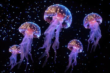 Poster - A group of jellyfish floating in the air, perfect for marine or fantasy themes