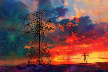 Poster - A beautiful sunset painting with power lines. Suitable for backgrounds and nature-themed designs