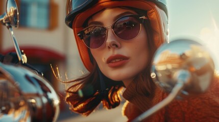 A woman wearing a helmet and sunglasses riding a motorcycle. Suitable for travel and adventure concepts