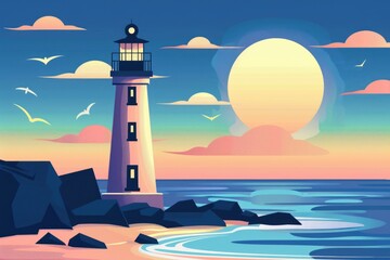 Poster - A beautiful lighthouse standing on a rocky beach at sunset. Perfect for travel and nature concepts