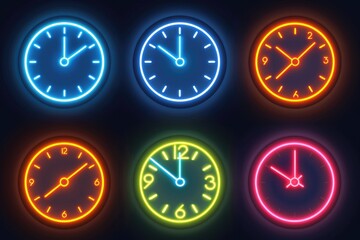 Poster - Neon clocks displaying various time zones, perfect for illustrating global concepts