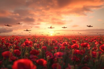 Poster - A field of red flowers with airplanes flying in the sky. Suitable for travel and nature concepts