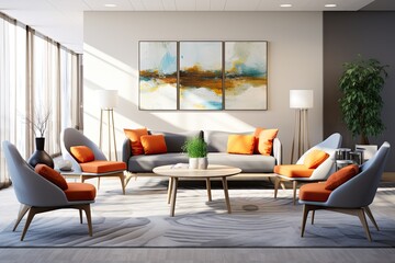 Wall Mural - A room with a large painting on the wall and a few orange chairs