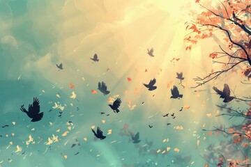 Poster - A flock of birds soaring in the sky, perfect for nature-themed projects