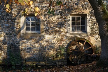 Poster - A stone building with a traditional water wheel in front. Ideal for historical or rural themed projects