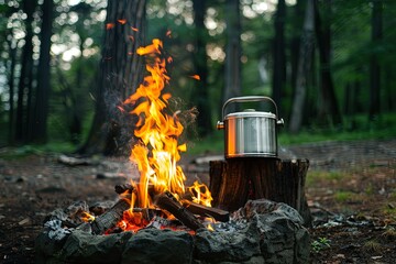 Poster - Stainless Steel Kettle on fire in Forest Park with Trees 