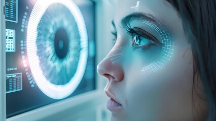 Leinwandbilder - A woman focused on a futuristic interface, exploring advanced technology with concentration and interest.