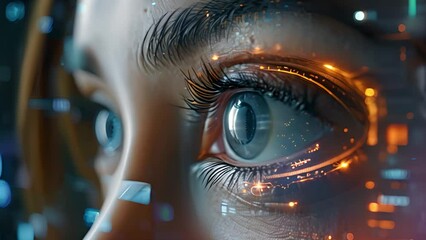 Fototapete - Close-up of a womans eye with a futuristic digital interface in the background, showcasing technology integration.