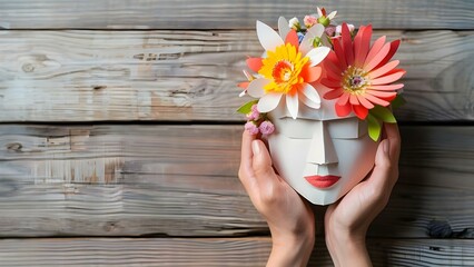 Wall Mural - Hands holding paper head with flowers symbolizing selfcare and positive thinking . Concept Selfcare, Mental Health, Positivity, Flowers, Creative Portrait