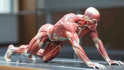 Anatomical model showing sprint start position with highlighted engaged muscle groups. Concept Anatomy, Sprinting, Muscle Groups, Athletic Training, Biomechanics