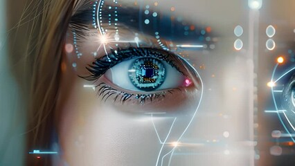 Sticker - A womans face is seen up close, showcasing a futuristic eye technology that enhances her vision.