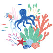 Vector Illustration of Sealife Print with Octopus.