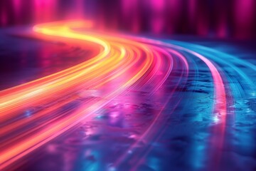 Fototapete - Colorful and bright neon light trails flow in a smooth wave-like pattern on a dark textured backdrop, conveying motion and energy in a vibrant display