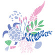 Vector Illustration of Sealife Print with Sea Turtle.