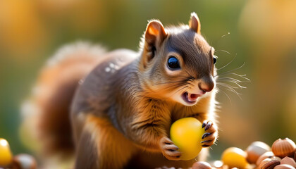 Poster - A cute baby squirrel holding an acorn in its paws and taking a bite