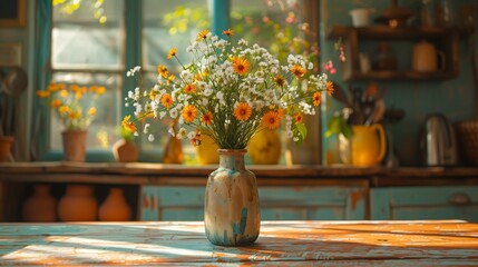 Canvas Print - Rustic Vase on Sunlit Kitchen Table, generative ai