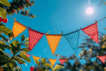 vibrant polka-dot flags hang against a clear blue sky, with the sun peeking through, giving a festiv