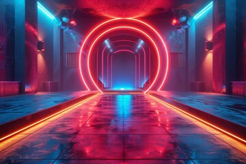 Poster - A vibrant corridor with red and blue neon lights leading to a circular gate, creating a futuristic or sci-fi ambiance