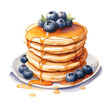 Watercolor stack of pancakes with blueberries and maple syrup on white plate isolated on white background.