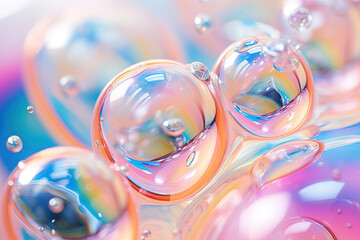 Poster - Pink holographic bubbles floating on the soft colorful abstract background in beautiful vivid tones.