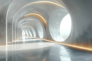 Poster - The image showcases a futuristic hallway bathed in gentle light with a sequence of arches leading to infinity