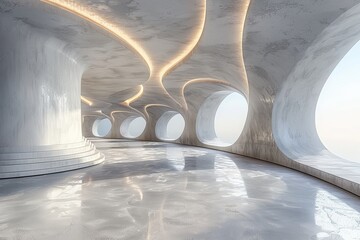 Poster - Futuristic building design featuring smooth curves and reflective surfaces, invoking a sense of modernity and innovation