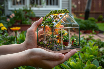 Sticker - Hands holding a miniature glass house, with detailed tiny plants inside, set against the backdrop of a well-tended garden.