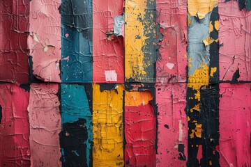 Poster - Abstract close-up of a gritty wall with peeling layers of colorful paint, showcasing age and decay