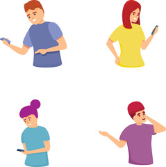 Poster - Smartphone addiction icons set cartoon vector. Human talking and typing on phone. Modern technology