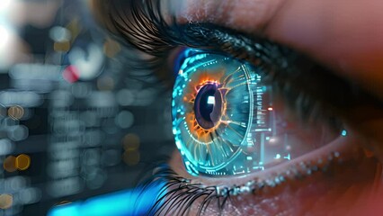 Fototapete - A detailed close-up of an individuals eye focused intently on a computer screen, displaying concentration and engagement.
