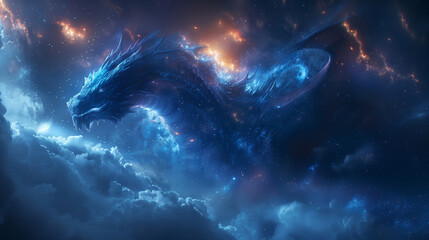 Wall Mural - Mystical cosmic dragon in space with celestial colors and starry backdrop. Fantasy and science fiction concept. Design for wallpaper, poster.