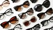 Chic selection of trendy sunglasses arranged on a light background, viewed from the top perspective