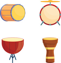 Drum Icons Set Cartoon Vector. Wooden Drum Of Different Style And Color. Percussion Musical Instrument