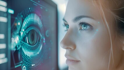 Fototapete - A woman closely examines a computer screen with an eye reflection visible, indicating focus and concentration.