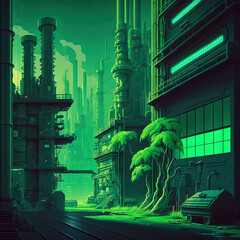 Canvas Print - Synthwave retro landscape in 80s style with old factory in industrial city district and neon lights.