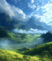 Canvas Print - fantasy green rolling hills landscape