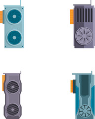 Poster - Gpu icons set cartoon vector. Computer graphic card with cooling fan. Personal computer component