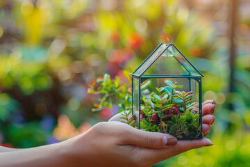 Sticker - Delicate hands holding a tiny glass greenhouse filled with miniature plants, set against a blurred backdrop of a vibrant garden.