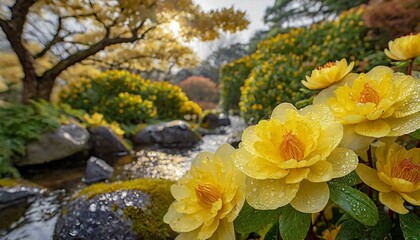 Tau-geküsste gelbe Blumen, die an einem ruhigen Bach inmitten üppiger Vegetation blühen