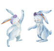 Set of Watercolor Cute Bunnies. Illustration.