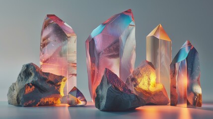 Wall Mural - Stunning 3D render of colorful crystals and rocks