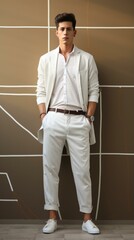 Wall Mural - Young man wearing white suit with hands in pockets