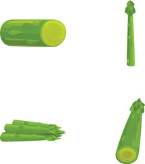 Poster - Fresh celery icons set cartoon vector. Juicy organic green celery. Agriculture cultivated plant