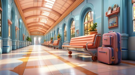 Poster - A beautiful train station with a pink suitcase