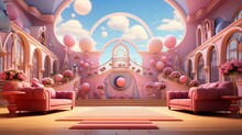 Pink Surreal Dreamy Background With Stairs And Pink Balloons